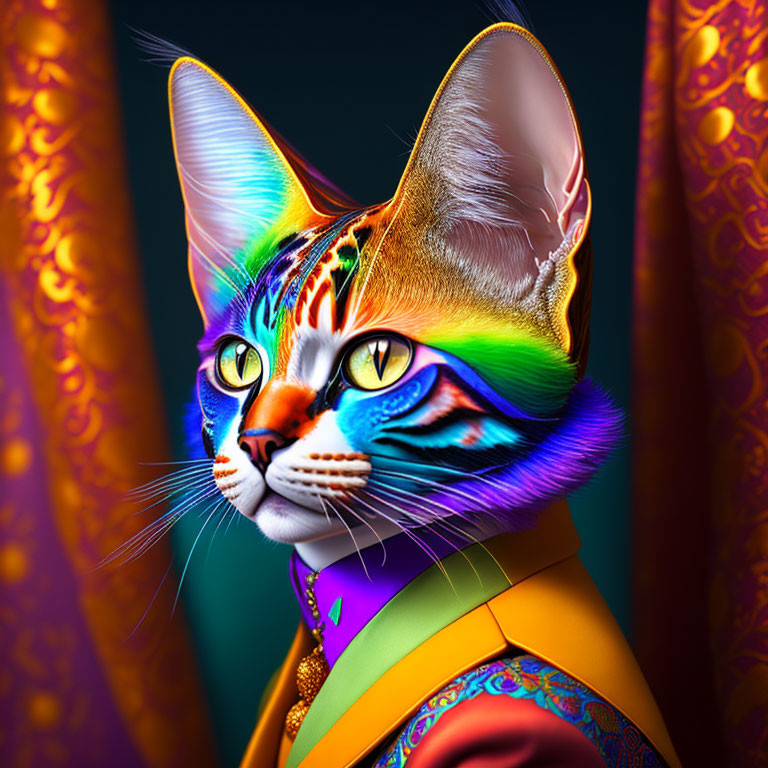 Colorful digital artwork of a cat in regal costume with intricate fur patterns.