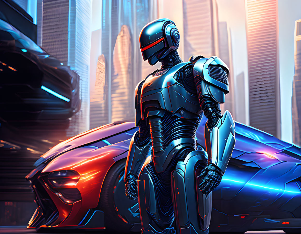 Futuristic robot in sleek armor with streamlined vehicle in neon-lit cityscape