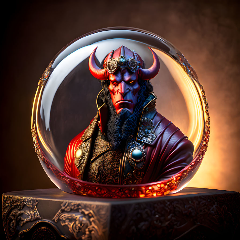 Red demon in crystal ball with ornate costume on amber-lit backdrop