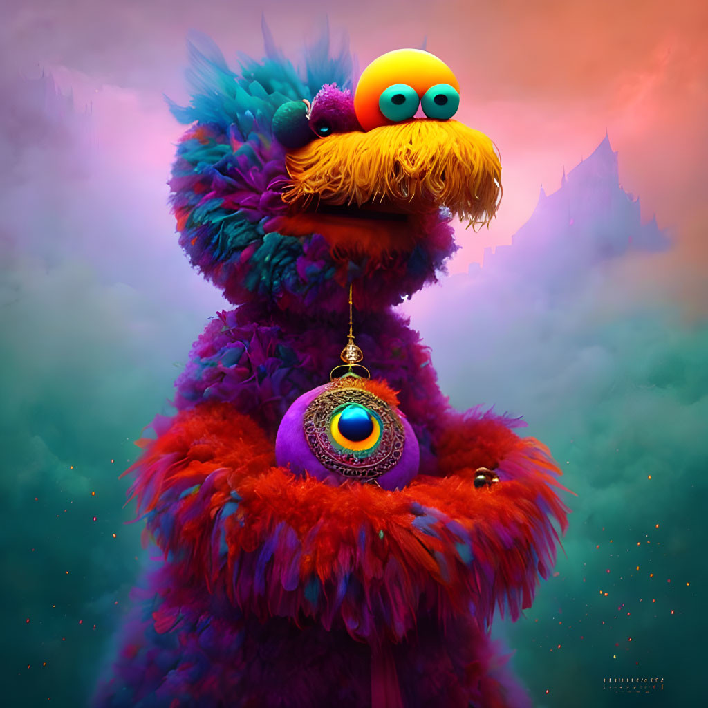 Colorful whimsical creature with blue feathers and orange beard holding a pendulum in misty backdrop