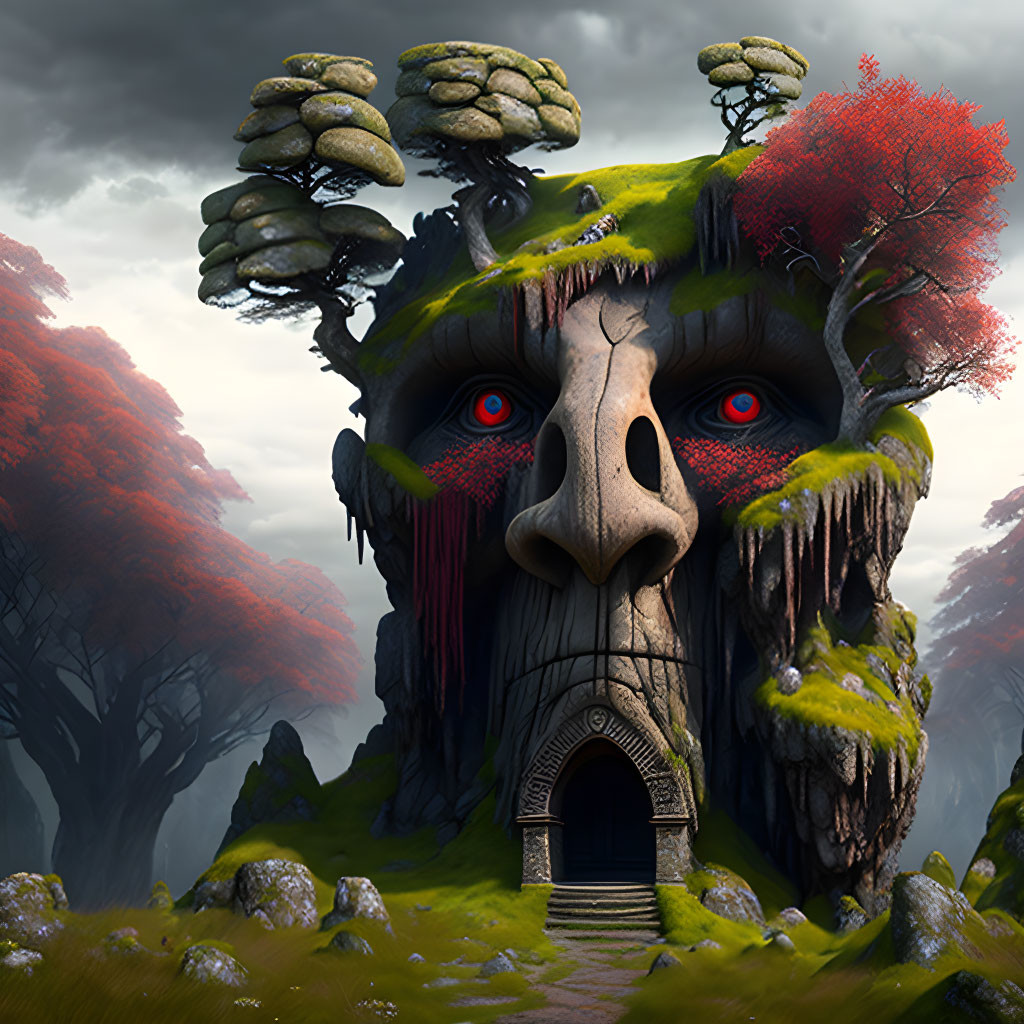 Giant stone face with red eyes and moss in misty forest landscape