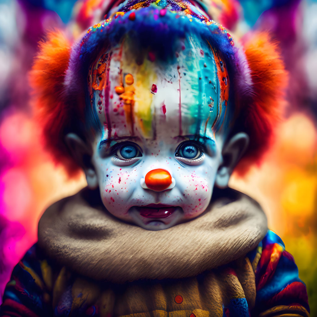 Colorful Clown Doll with Blue-Eyed Face and Paint Splotches on Vibrant Background