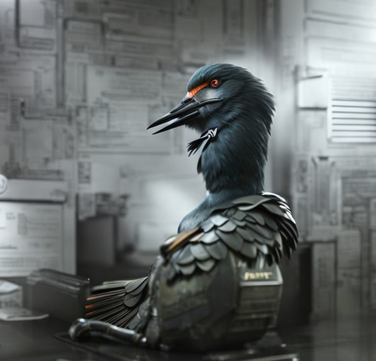 Mechanical bird digital art with dark plumage and red eyes on industrial blueprints