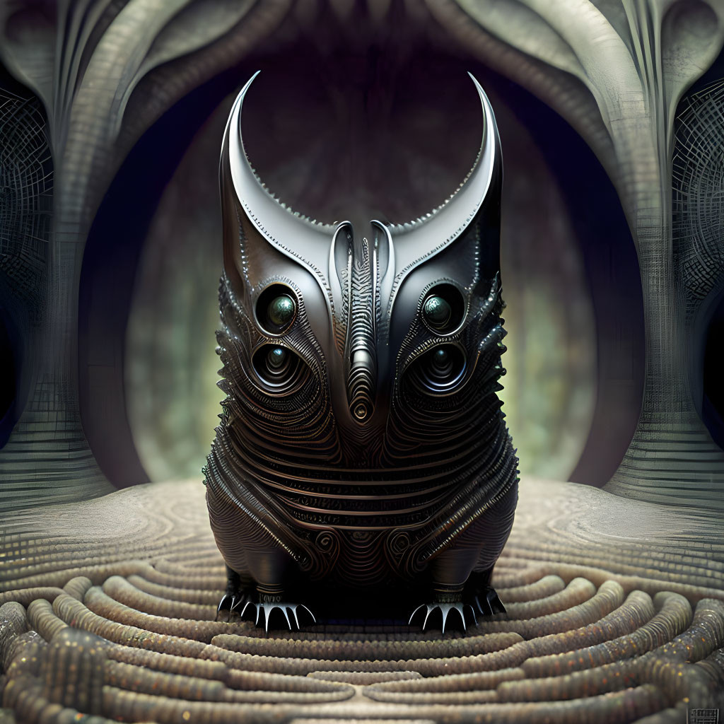 Symmetrical creature with horns and multiple eyes in surreal digital art