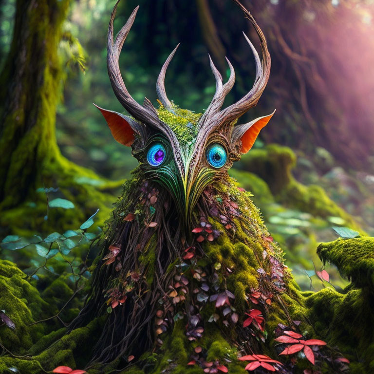 Mystical forest creature with antlers and peacock feather eyes in enchanted woodland