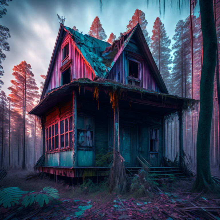 Eerie blue and pink-toned abandoned Victorian house in misty forest