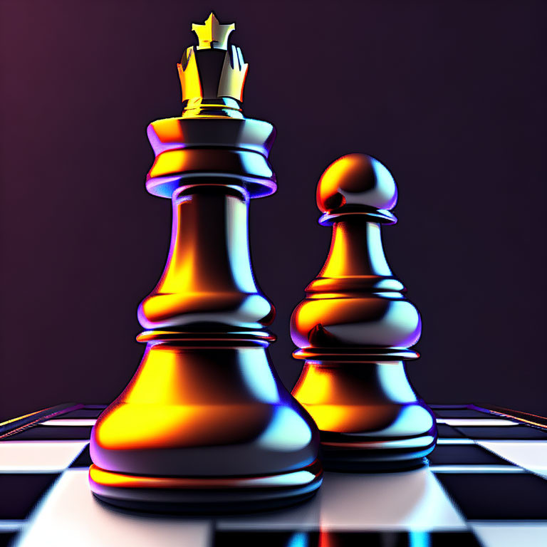 3D illustration of black king and pawn chess pieces on board with orange and purple light