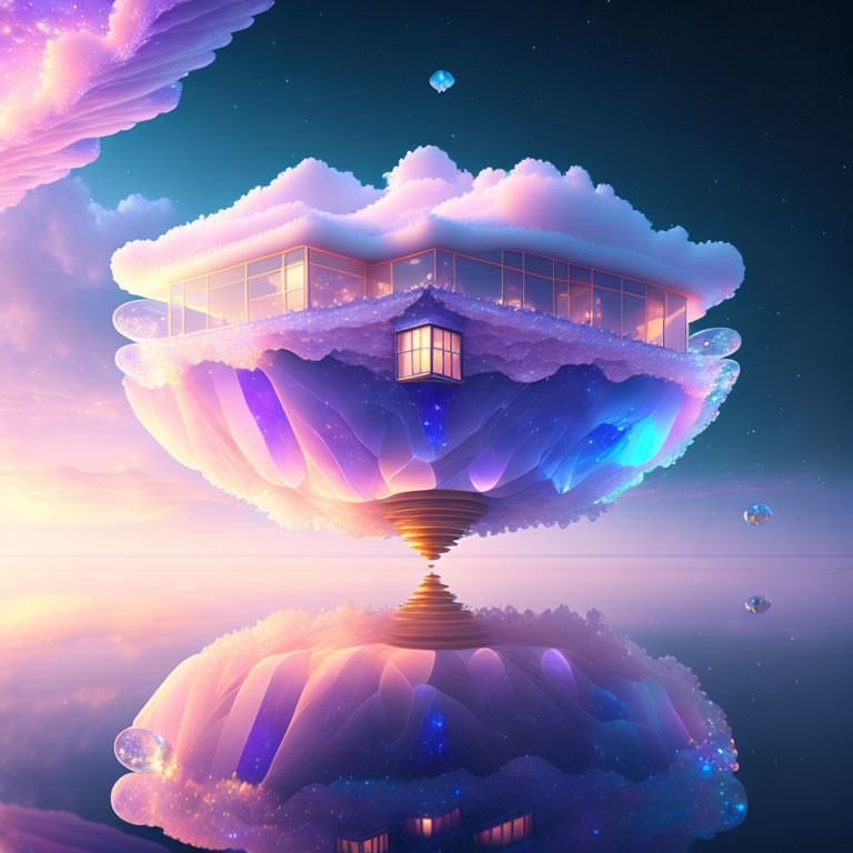 Ethereal house on floating cloud island with purple and blue hues