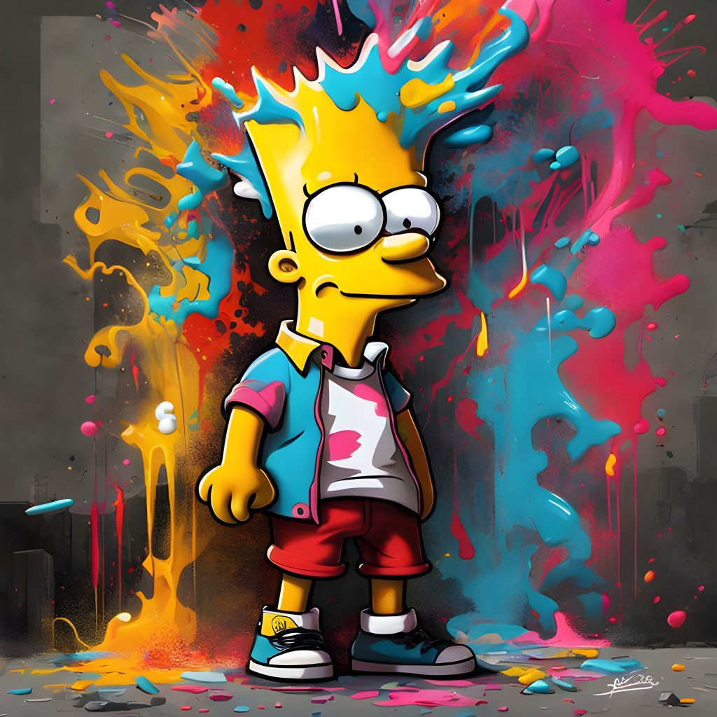 Vibrant Bart Simpson graffiti against colorful paint-splattered wall