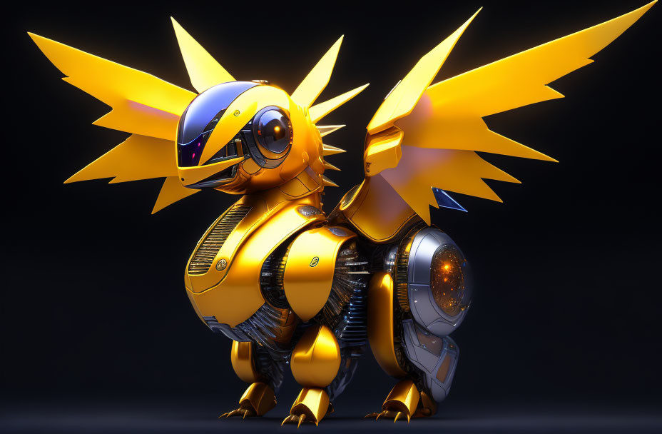 Stylized 3D rendering of yellow and black mechanical creature with wing-like appendages