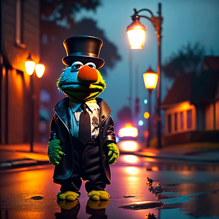 Blue bird puppet character on wet street at night under vintage street lamps