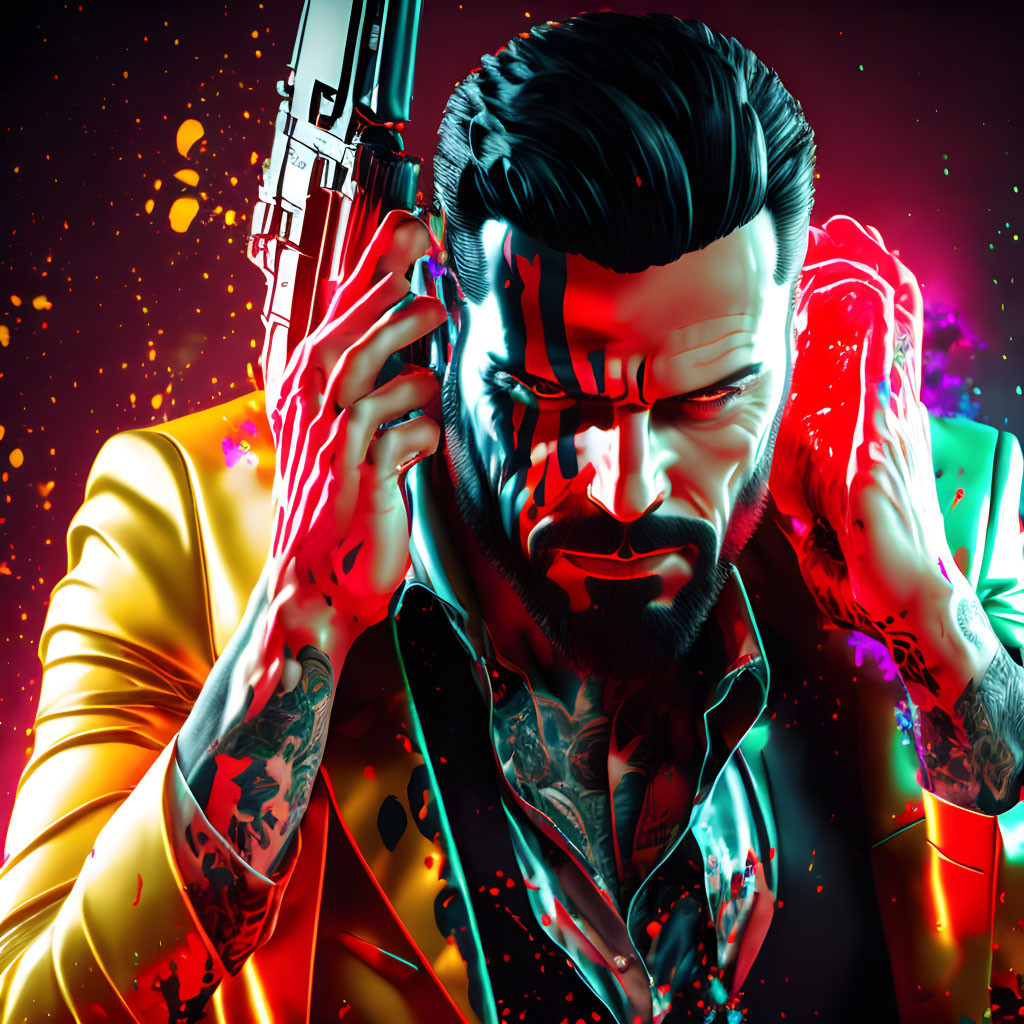 Man with beard and tattoos holding gun to head on vibrant background