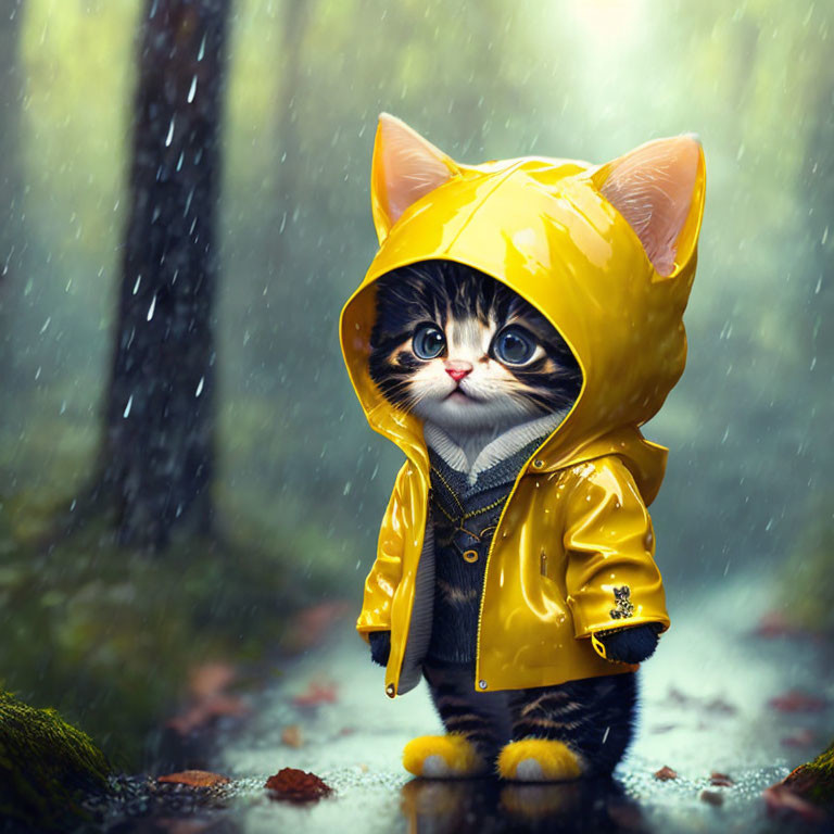 Adorable kitten in yellow raincoat standing in forest rain.