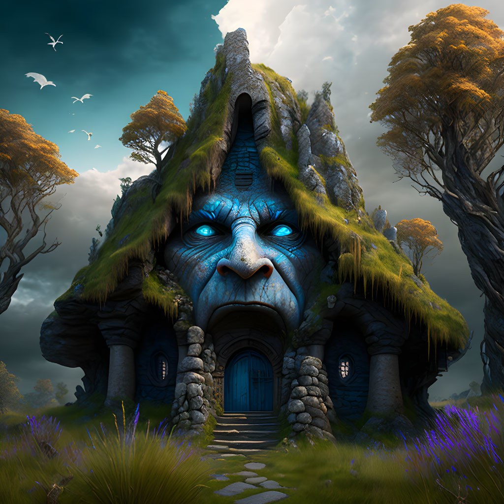 Blue-faced creature house surrounded by trees under cloudy sky with birds.