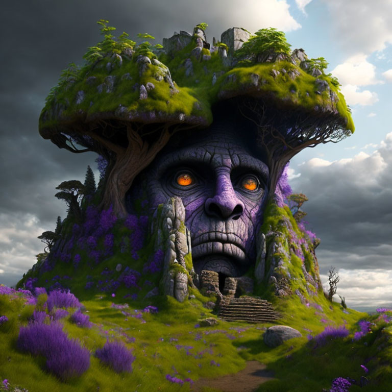 Giant face-shaped hill amidst greenery, purple flowers, and rock steps under cloudy sky