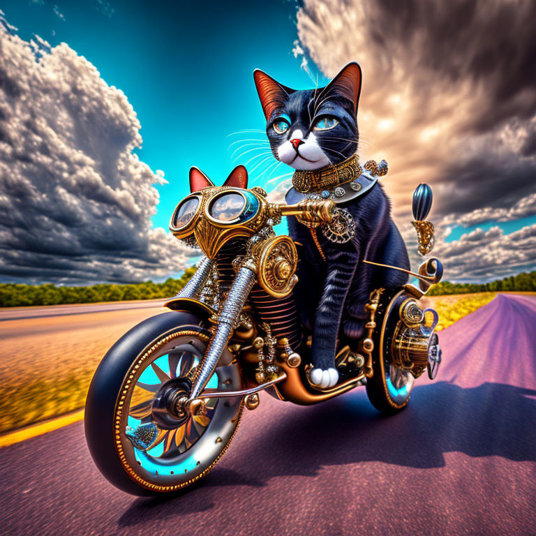 Stylized cat on motorcycle with goggles in futuristic setting