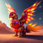 Mechanical bird with fiery wings in desert landscape