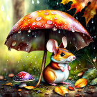 Colorful Autumn Scene: Cute Mouse under Red Mushroom Umbrella