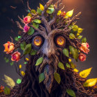 Vibrant orange flowers and lush green leaves on tree creature against dark background