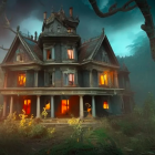 Abandoned two-story house in misty forest at night