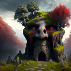 Giant stone face with red eyes and moss in misty forest landscape