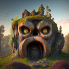 Unique Face-Shaped House with Golden Eyes in Forest Sunset