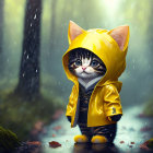 Adorable kitten in yellow raincoat standing in forest rain.