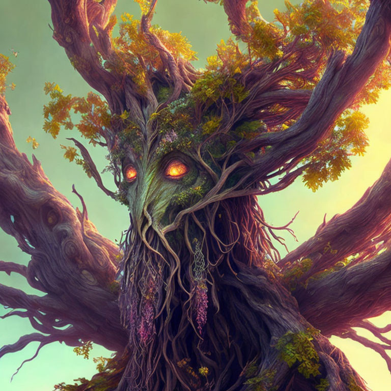 Fantastical tree entity with glowing eyes and twisted branches