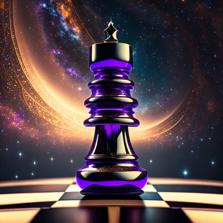 Stylized glossy chess queen on reflective chessboard with cosmic background