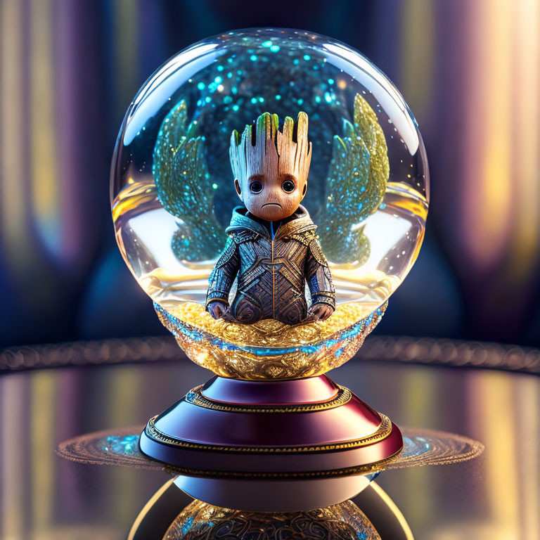 Baby Groot Figurine Snow Globe with Golden Base and Sparkling Blue Stars