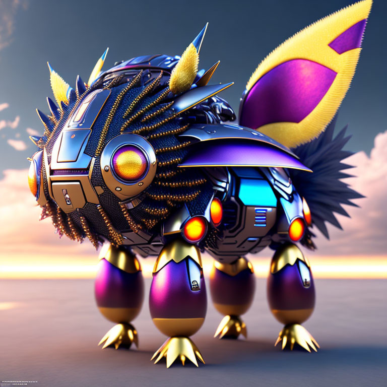 Colorful mechanical creature with golden spikes and purple accents in futuristic armor against a sunset sky