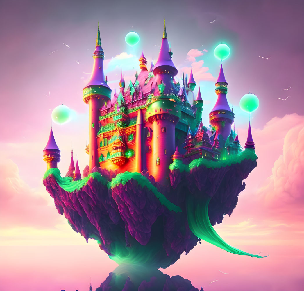 Fantastical floating castle with radiant towers and glowing orbs