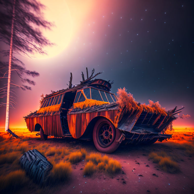 Rusted car overtaken by plants under starry sky and oversized moon in surreal twilight landscape