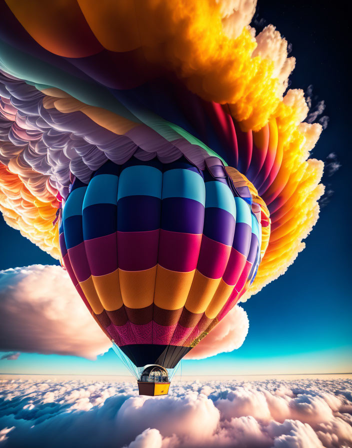 Vibrant hot air balloon flying in dramatic sky