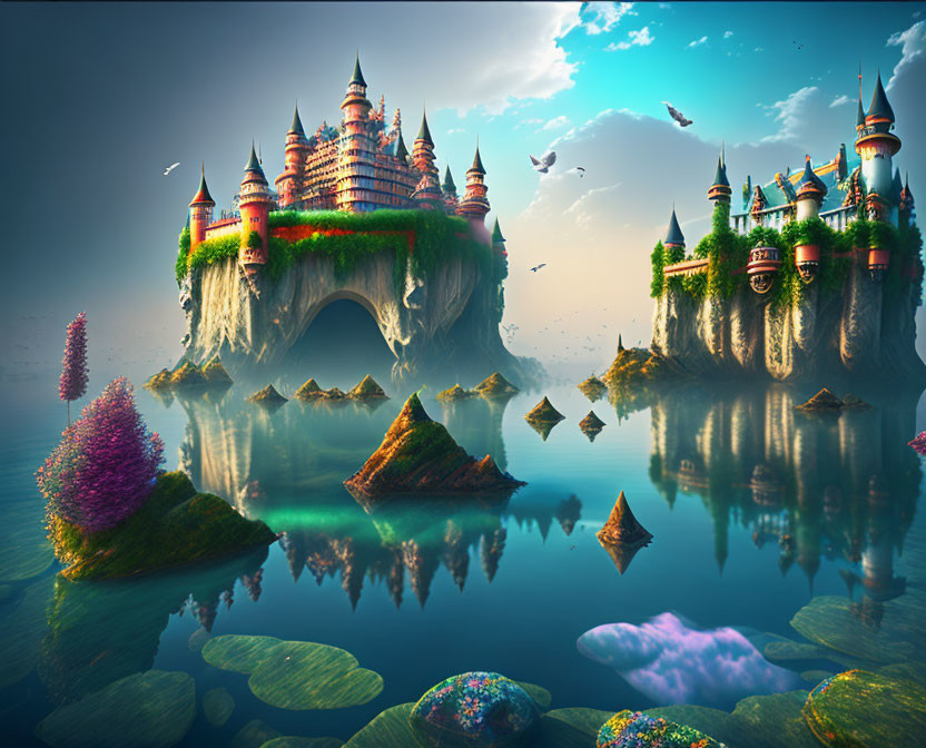 Fantastical scene with floating islands and fairytale castles in serene blue sky