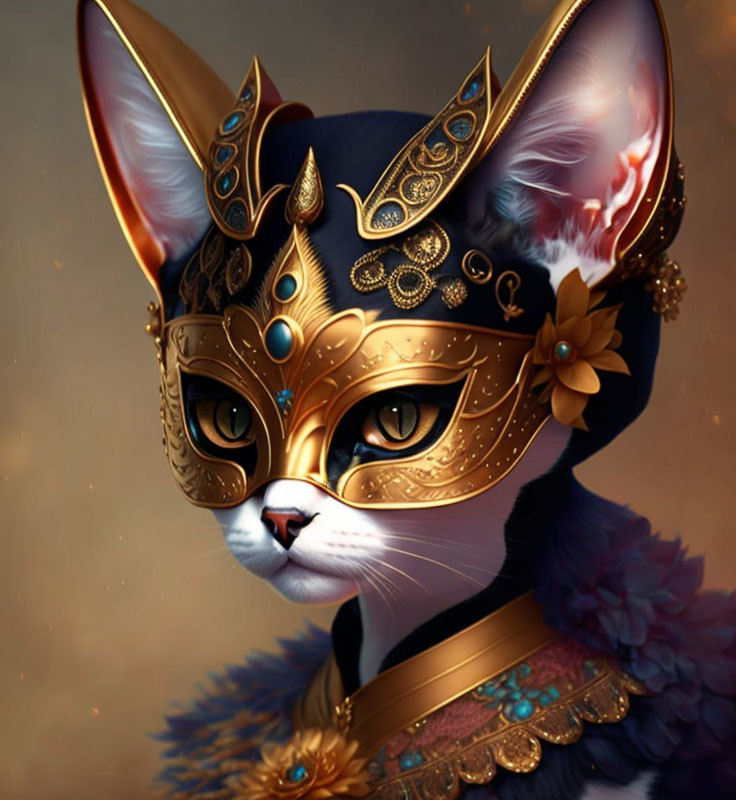 Intricate digital art portrait of a cat with golden mask and jewelry
