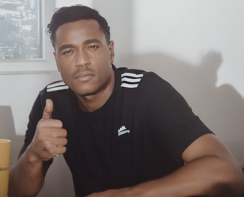 Man in Black Adidas Shirt Giving Thumbs-Up in Soft Lighting
