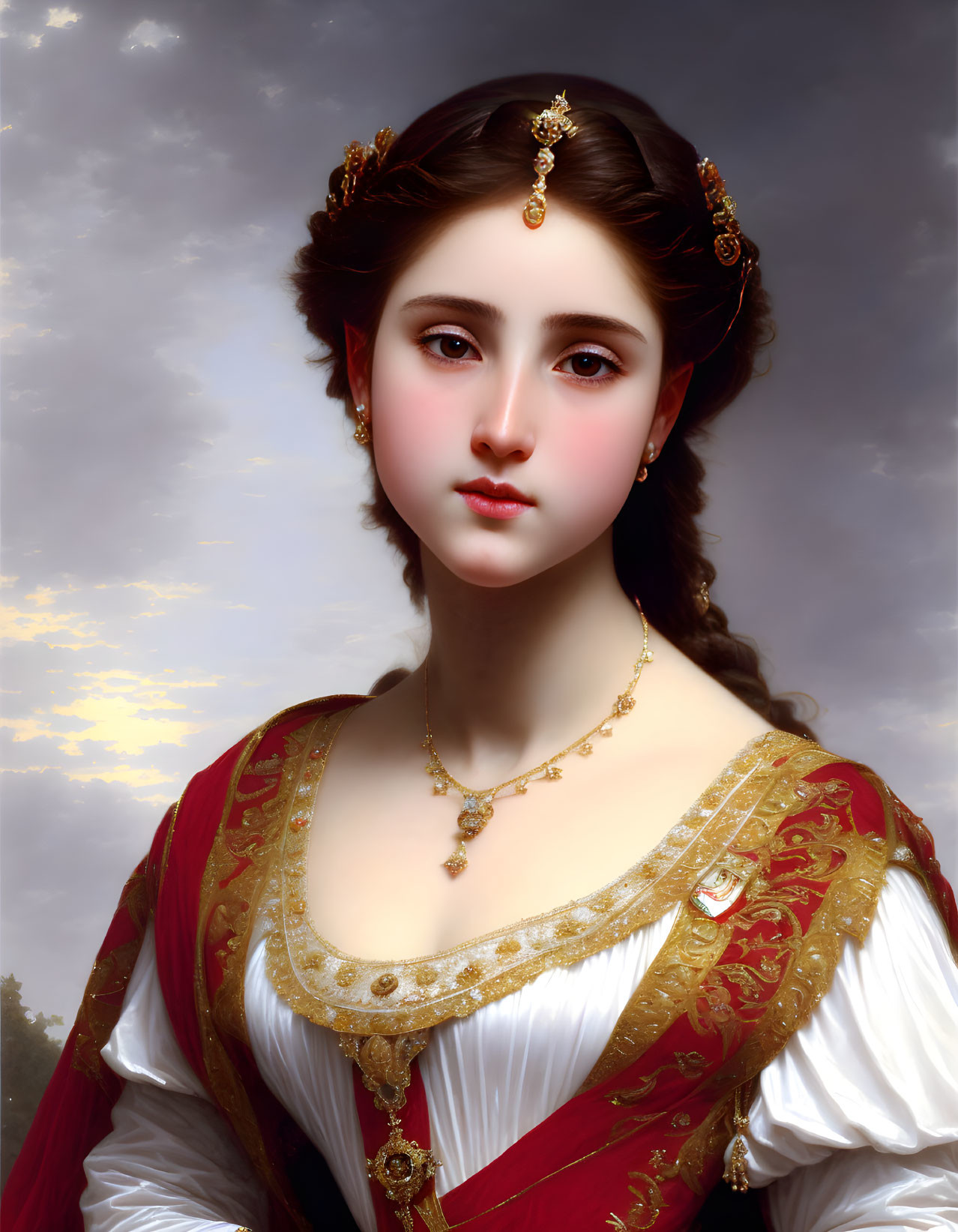 Classical portrait of young woman with adorned hairstyle and red dress against cloudy sky