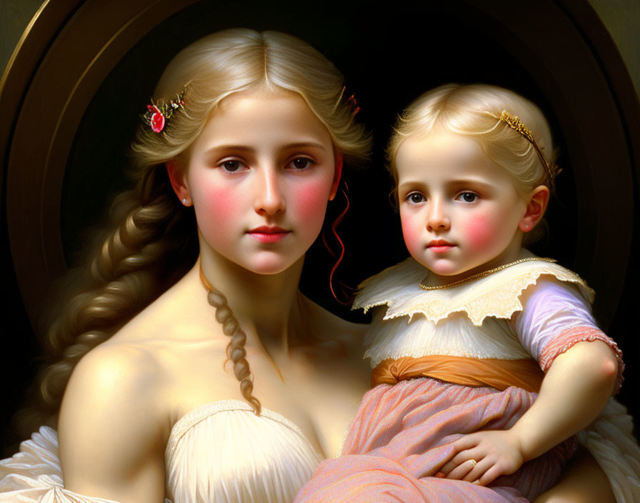 Classic Painting: Young Woman & Child in Period Attire in Circular Frame