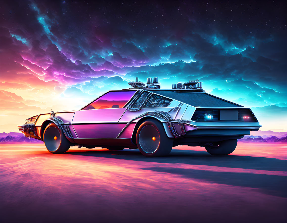 Futuristic DeLorean car under vibrant purple sunset sky