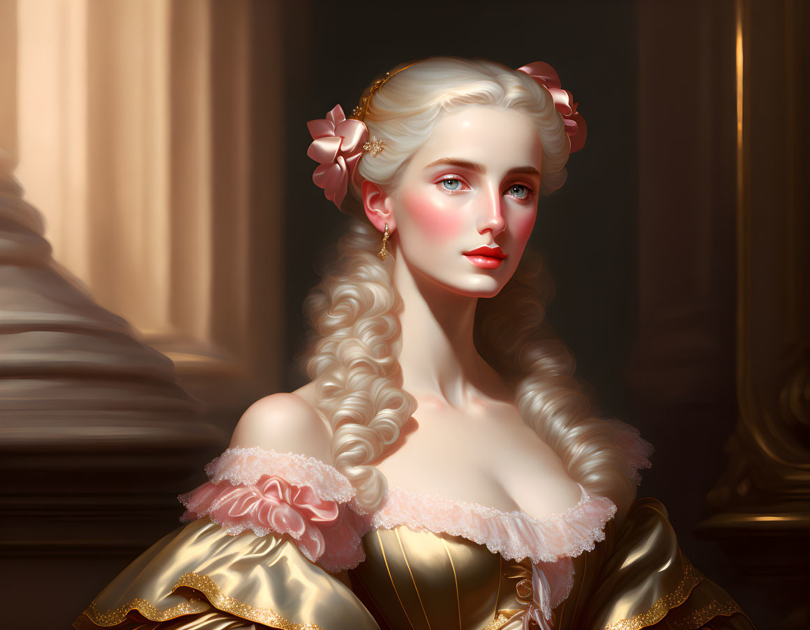 Portrait of woman with pale skin, curly blonde hair, pink bows, golden dress, pink ruffles