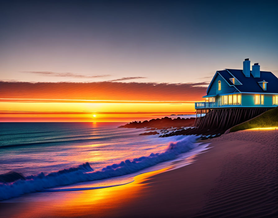 Beachside house at sunset with waves on sandy shore