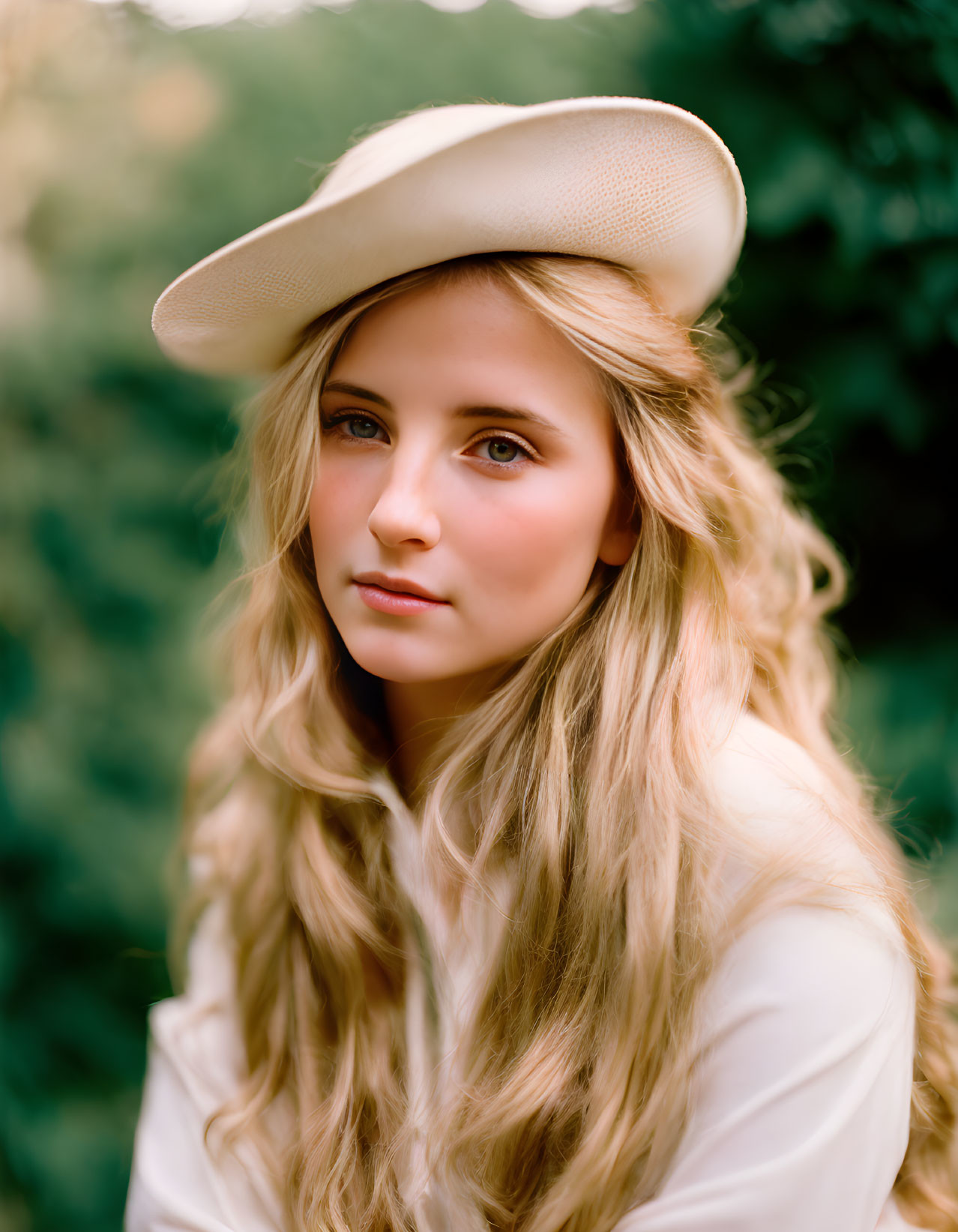 Blonde woman in cream beret posing outdoors