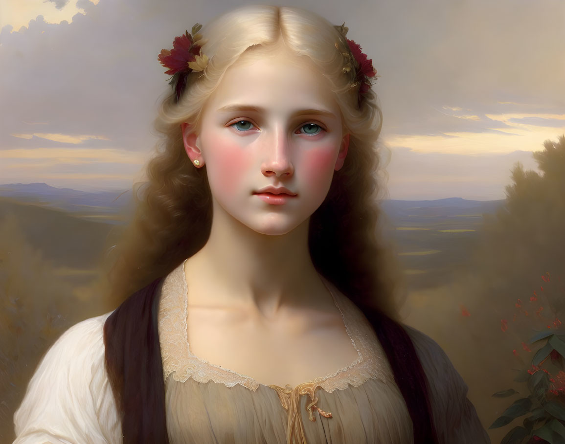 Portrait of young woman with blue eyes and blonde hair adorned with red flowers in serene landscape