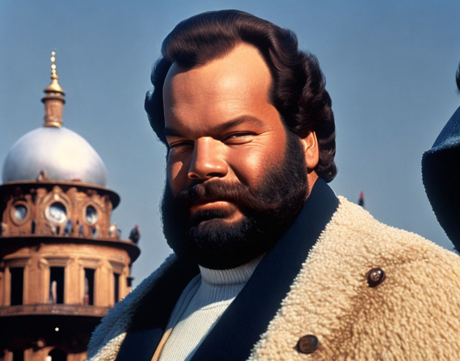 Man with Beard in Coat Standing in Front of Building with Dome