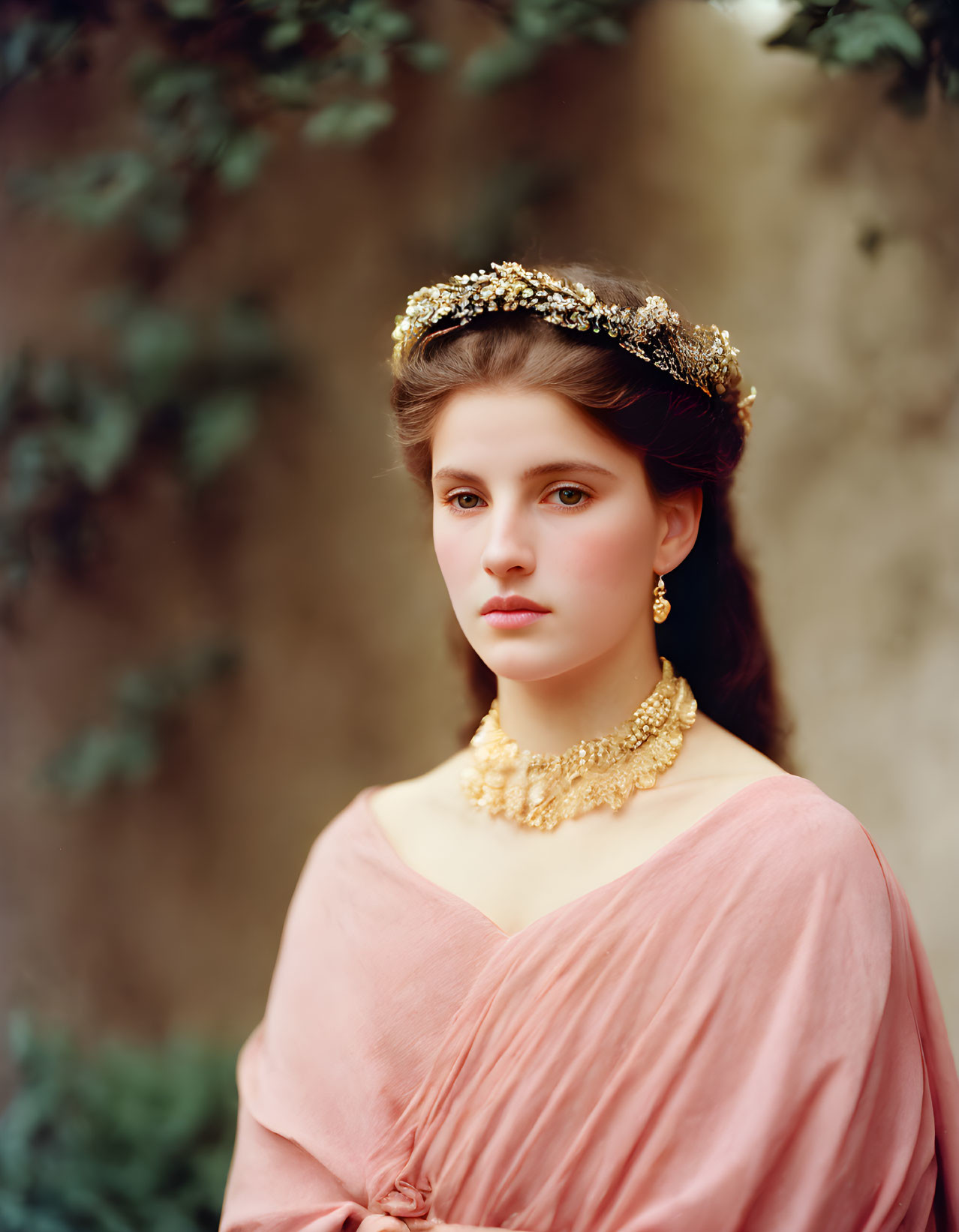 Young woman in salmon pink dress with golden crown and necklace on blurred green ivy background