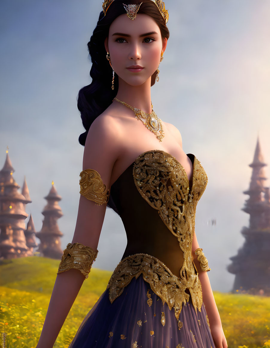 Brown-haired princess in golden tiara, black and purple dress with golden embroidery, in field with distant