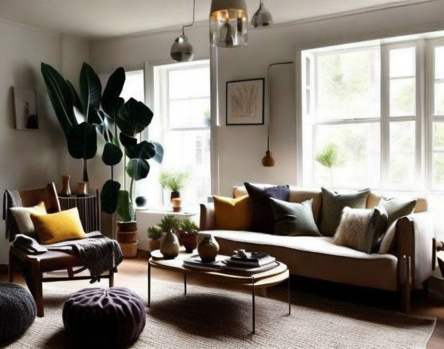 Inviting living room with plush furniture, potted plants, pendant lights, rug, and large windows