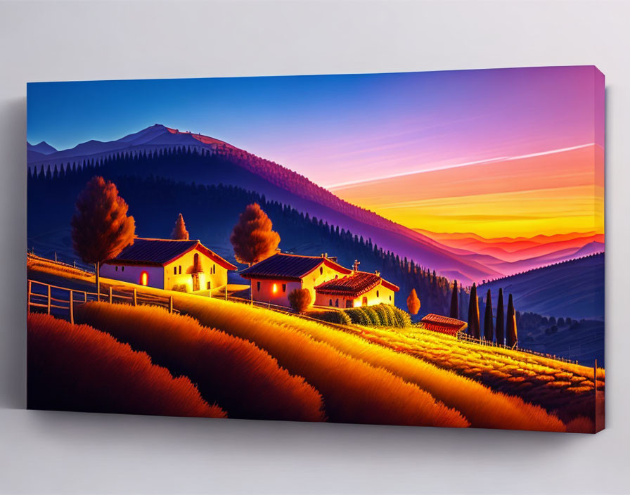 Sunset over rolling hills canvas art with warm colors