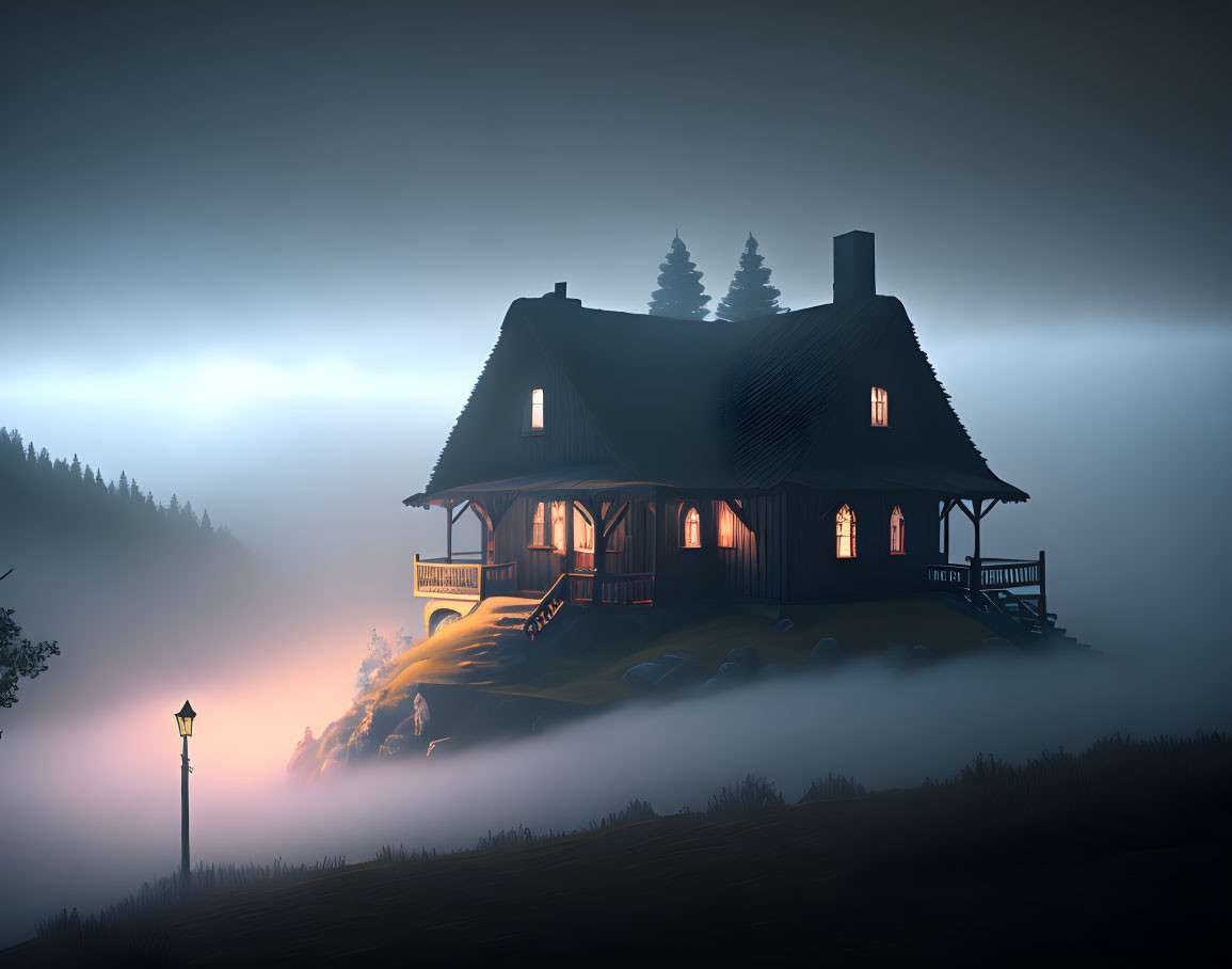 Twilight scene: House on foggy hill with glowing windows & streetlamp